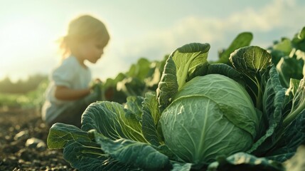 Poster - Child harvesting fresh cabbage in a sunlit field showcasing healthy crops and agricultural lifestyle in a picturesque rural setting