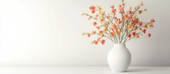 Poster - Delicate spring flower bouquet in a minimalist white vase on a light background evoking freshness and tranquility in home decor design