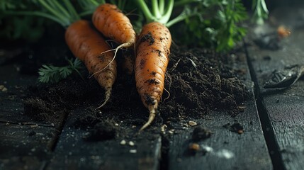 Poster - Freshly harvested carrots with soil on rustic wooden table showcasing vibrant orange colors and tops in selective focus.