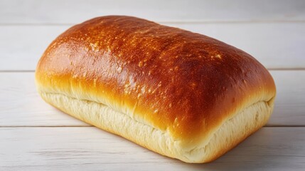 Poster - Freshly baked golden bread loaf on a rustic white wooden table background showcasing texture and warmth in a cozy kitchen setting