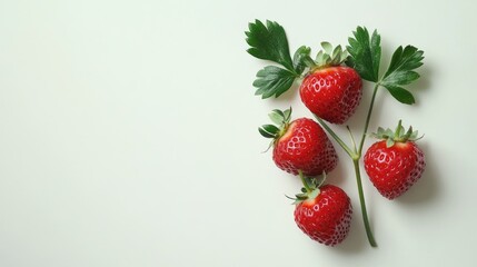 Poster - Vibrant strawberries with green leaves arranged on a light background showcasing freshness and natural beauty in food photography.