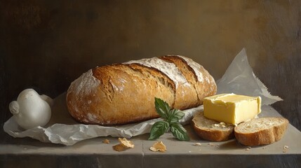 Aufkleber - Artisanal bread and creamy butter elegantly displayed with eggs and fresh herbs on a rustic kitchen countertop.