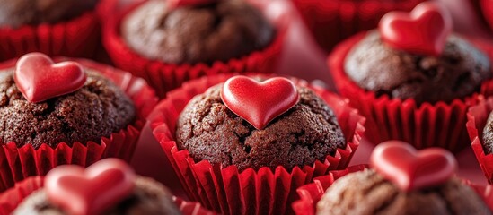 Poster - Delicious chocolate muffins in red paper liners topped with heart-shaped decorations perfect for celebrations and sweet treats