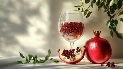 Poster - Fresh ripe pomegranate and a glass filled with vibrant seeds on a softly lit background showcasing natural beauty and healthy eating.