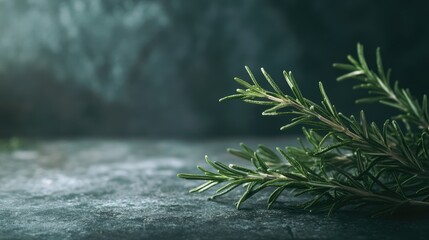 Aufkleber - Fresh rosemary herb branch with dew on a textured surface in soft natural light ideal for culinary or wellness themes