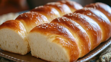 Poster - Freshly baked golden loaf of bread sliced and plated with a tempting sheen and sesame seeds adding an inviting touch to the presentation