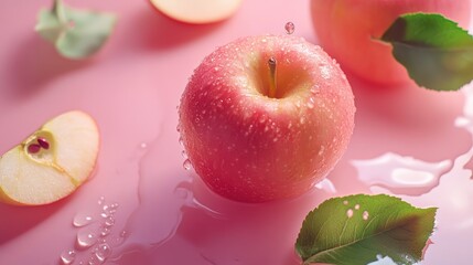 Aufkleber - Fresh juicy apples with droplets on pink background showcasing vibrant colors and textures for healthy eating concept.