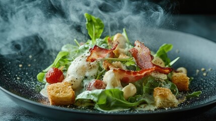Aufkleber - Crispy bacon and crouton topped fresh Caesar salad on a black plate with smoky mist and vibrant greens.