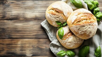Poster - Freshly baked artisan bread with basil leaves arranged on a kitchen towel set against a rustic wooden background.