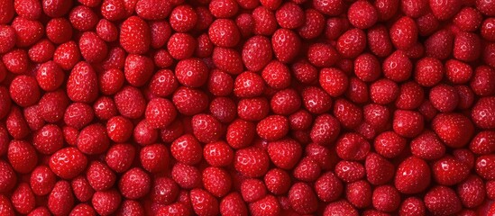 Poster - Vibrant background of fresh ripe red strawberries arranged in a textured pattern ideal for food-related designs and promotions.