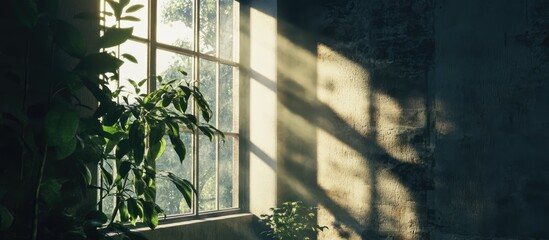 Poster - Sunlight streaming through a tall window illuminating interior walls and green plants creating a serene atmosphere.
