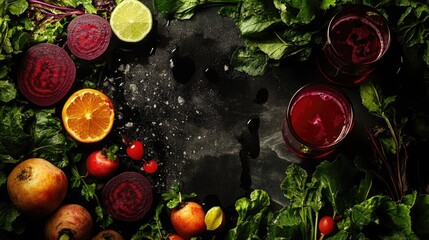 Poster - Vibrant arrangement of fresh beetroot, juices, and assorted vegetables on a textured surface showcasing healthy eating and nutrition.