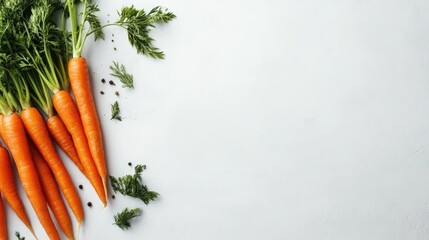 Aufkleber - Fresh organic carrots with green tops arranged on a light background showcasing healthy natural produce and culinary potential.