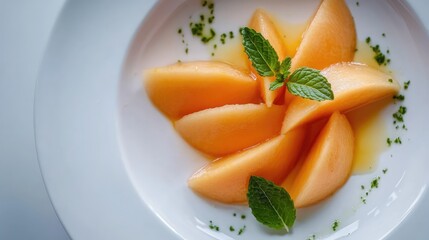 Aufkleber - Sliced fresh cantaloupe garnished with mint leaves served on a white plate for an elegant fruit dish presentation