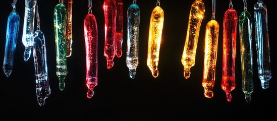 Poster - Colorful glass icicles hanging against a dark background creating a festive holiday atmosphere symbolizing Christmas and New Year celebrations