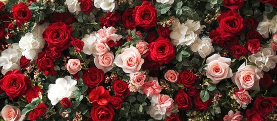 Poster - Vibrant floral backdrop featuring a close-up of lush red and pink roses intertwined with green foliage