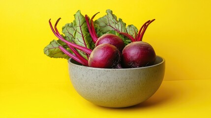 Poster - Vibrant fresh beetroots with greens in a gray bowl set against a bright yellow background showcasing natural colors and textures.