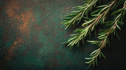 Poster - Fresh rosemary herb sprigs on rustic textured background for culinary and herbal use in cooking and natural remedies