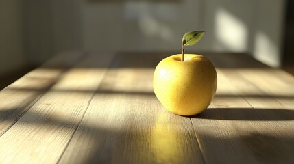 Poster - Golden apple on a rustic wooden table illuminated by soft sunlight casting gentle shadows