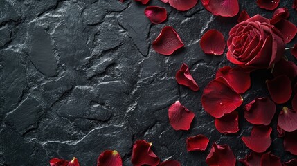 Poster - Burgundy rose with petals on textured black stone background elegant minimalist floral design for greeting cards and invitations