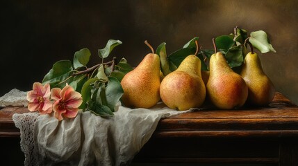 Poster - vibrant ripe pears with green leaves and a delicate flower on a rustic wooden table showcasing natural beauty and freshness
