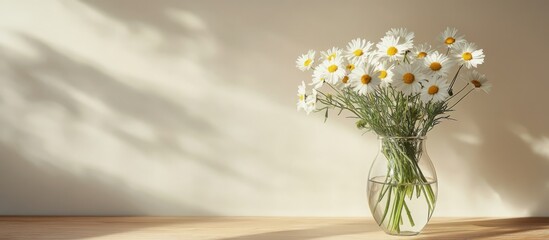 Poster - Elegant vase of fresh daisies with bright yellow centers on a wooden table against a soft background showcasing natural light and shadows.