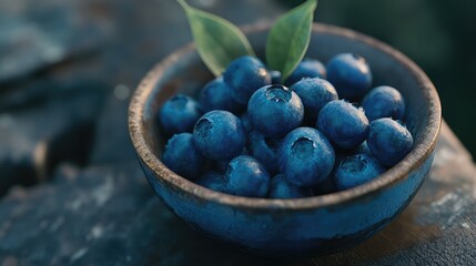 Poster - Freshly picked blueberries in a rustic bowl with green leaves highlighted by natural light on a textured background.