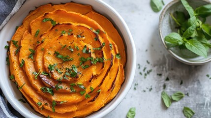 Poster - Freshly baked sweet potato galette served with fresh herbs in a bowl on a textured surface for a wholesome culinary experience
