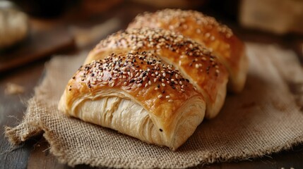 Poster - Freshly baked croissant topped with seeds displayed on rustic burlap fabric.