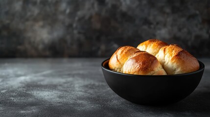 Aufkleber - Freshly baked golden bread rolls in a black bowl on textured gray background with ample copy space for culinary or bakery themes