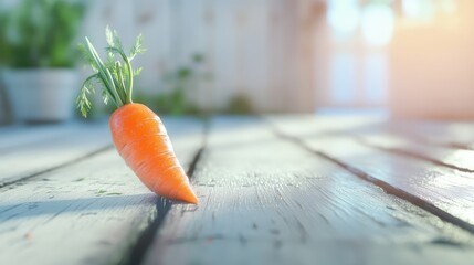 Aufkleber - Fresh organic carrot on a rustic wooden table with natural light and soft focus background showcasing healthy produce and gardening themes.