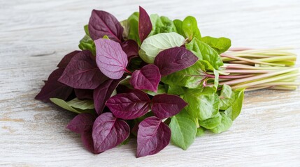 Poster - Fresh sorrel and lettuce blend on rustic wooden background for vibrant salad preparation and healthy eating.