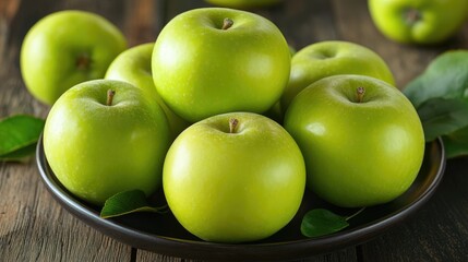 Aufkleber - Green apples in a wooden bowl arranged on a rustic table with autumn leaves creating a fresh and vibrant seasonal atmosphere.