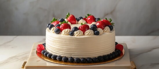 Poster - Delicious homemade strawberry and blueberry cake topped with cream and fresh wild berries elegantly displayed on a marble tray
