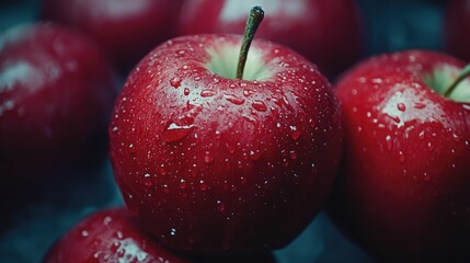 Poster - Vibrant red apples glistening with dew illuminated by soft light showcasing freshness and natural beauty for healthy eating concepts