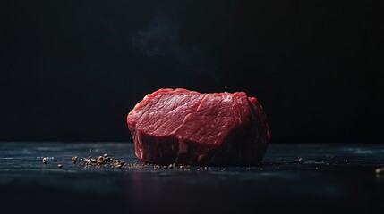 Poster - Raw premium beef cut with smoke on a dark textured background showcasing freshness and quality for culinary use or food marketing.