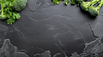 Poster - Fresh broccoli and herbs arranged on a black slate surface with ample space for text and creative design elements.