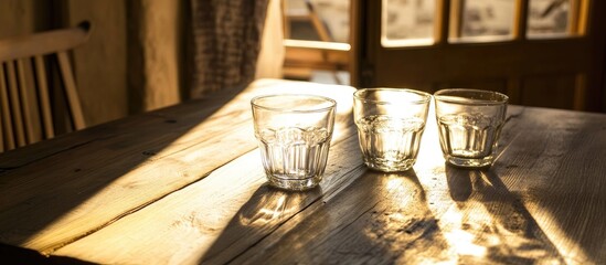 Poster - Elegant glassware arranged on a rustic wooden table, softly illuminated by warm light streaming through a door and curtain.