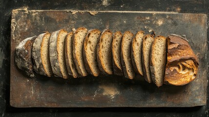 Poster - Sliced homemade artisan bread arranged neatly on a rustic wooden board showcasing texture and crust detail