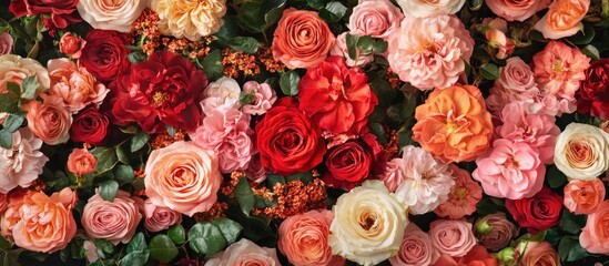 Poster - Elegant floral backdrop featuring a vibrant assortment of red, pink, and peach roses complemented by lush green foliage.