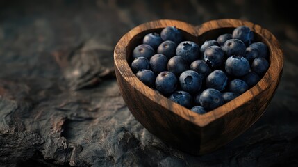 Aufkleber - Fresh blueberries in a heart-shaped wooden bowl against a dark textured background top view healthy food concept