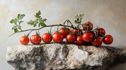 Poster - Ripe cherry tomatoes on a textured stone surface showcasing freshness and organic beauty in a natural light setting
