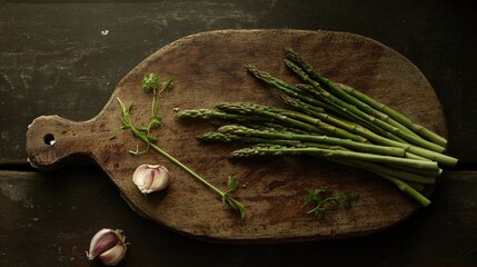 Poster - Fresh green asparagus and garlic cloves arranged on a rustic wooden cutting board with herbs for a healthy cooking concept.