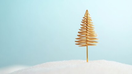 Poster - Elegant gold Christmas tree decoration on soft white snow background with light blue hues and blank space for seasonal text or messages