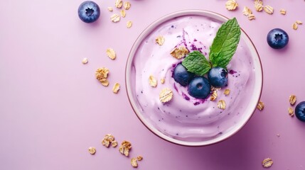Poster - Delicious blueberry yogurt topped with granola and mint leaves on a pastel pink background showcasing a healthy snack option.