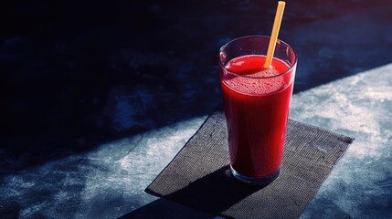 Poster - Freshly prepared beetroot juice in a tall glass with a yellow straw on a dark placemat illuminated by soft light shadows