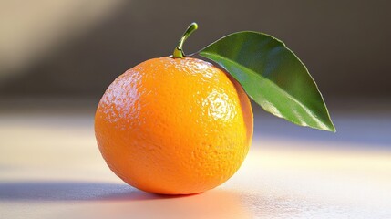 Poster - Fresh vibrant orange fruit with green leaf on a light background showcasing its juicy texture and natural appeal.