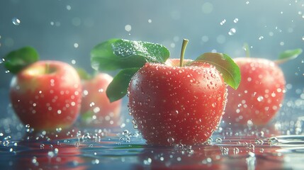 Poster - Fresh red apples glistening with water droplets against a soft blurred background creating a vibrant and refreshing fruit composition.