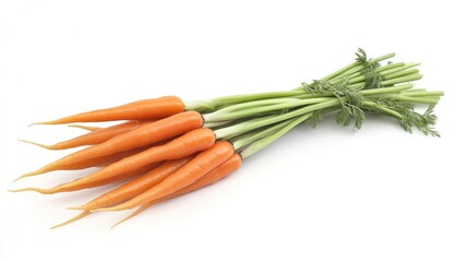 Poster - Vibrant fresh orange carrots with green tops arranged neatly on a white background showcasing organic farm produce freshness and quality.