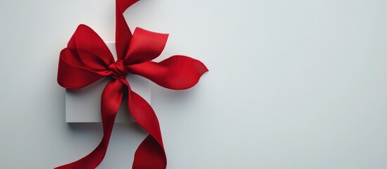 Elegant gift box adorned with a vibrant red ribbon on a minimalist white background perfect for holiday or celebration themes